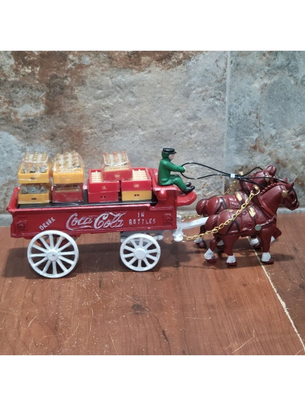 Vintage Cast Iron Coca Cola Horse Drawn Delivery Wagon Toy Missing Umbrella